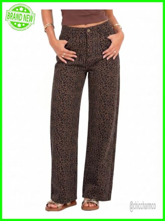 Denim - Womens Wide Leg High Waist Stretchy Leopard Print Jeans